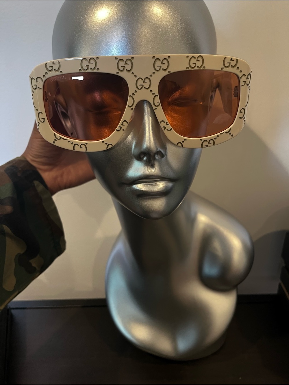 Gucci Mask Sunglasses in Cream/ Off White engraved with GG with Orange Lens.